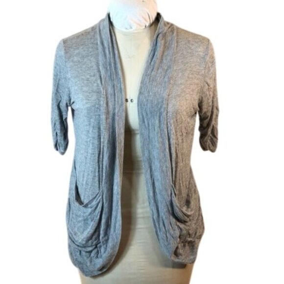 Lightweight Gray Open-Front Cardigan w/ Lace Back & Ruched Pockets - Picture 1 of 5